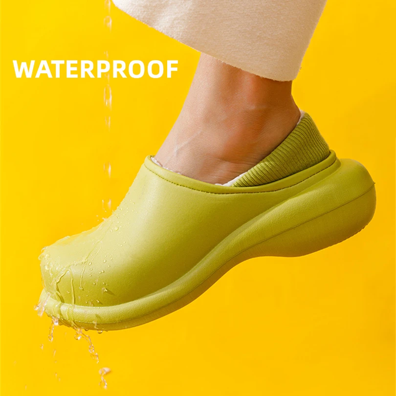 

Winter Waterproof Upper Warm Home Women Fur Slippers High Heel Cover Lovers Plush Shoes Solid Slip-on EVA Ladies Fluffy Slippers