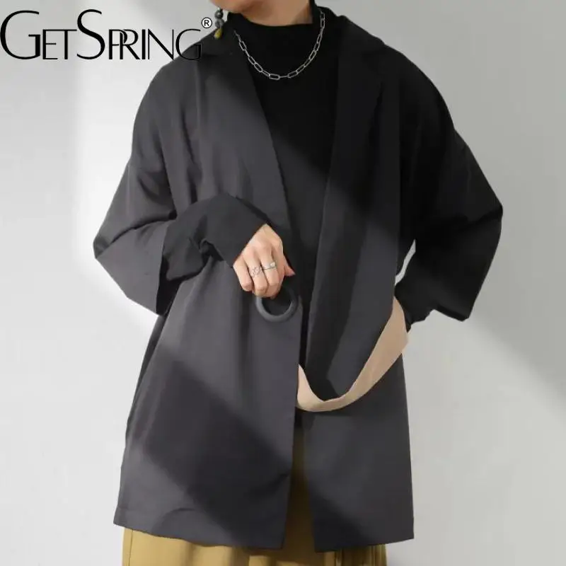 

GetSpring Women Blazer Side Lace Up Black Suit Coat Full Sleeve Loose Leisure Long Suit Jacket Spring Autumn 2022 High Quality