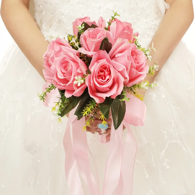 

Bridal Bridesmaid Wedding Bouquet Pink White Silk Flowers Roses Artificial Bride Boutonniere Bouquet Wedding Accessories