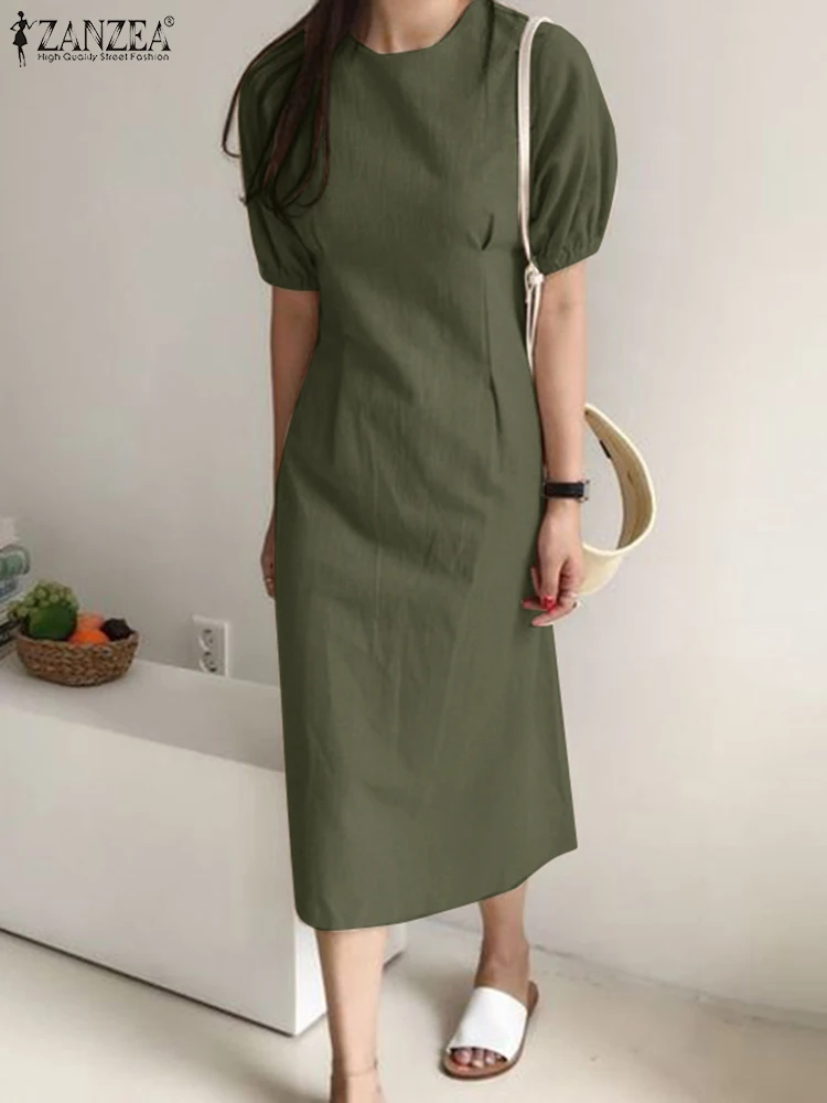

ZANZEA Woman Elegant Solid Color Dresses Female O-Neck Casual Loose Vestidos Summer Vintage Street Dress Short Sleeve Sundress