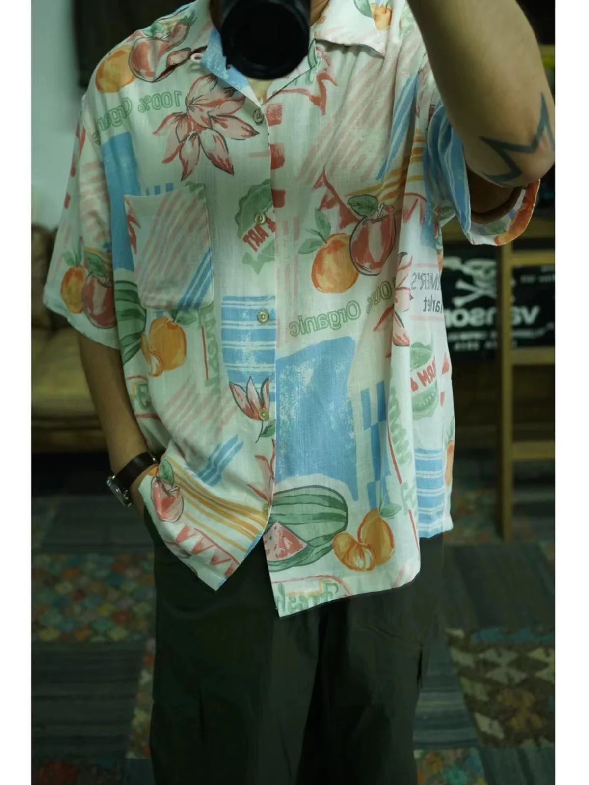 Второй заказ рубашка Aloha в стиле масляной живописи с кубинским воротником и