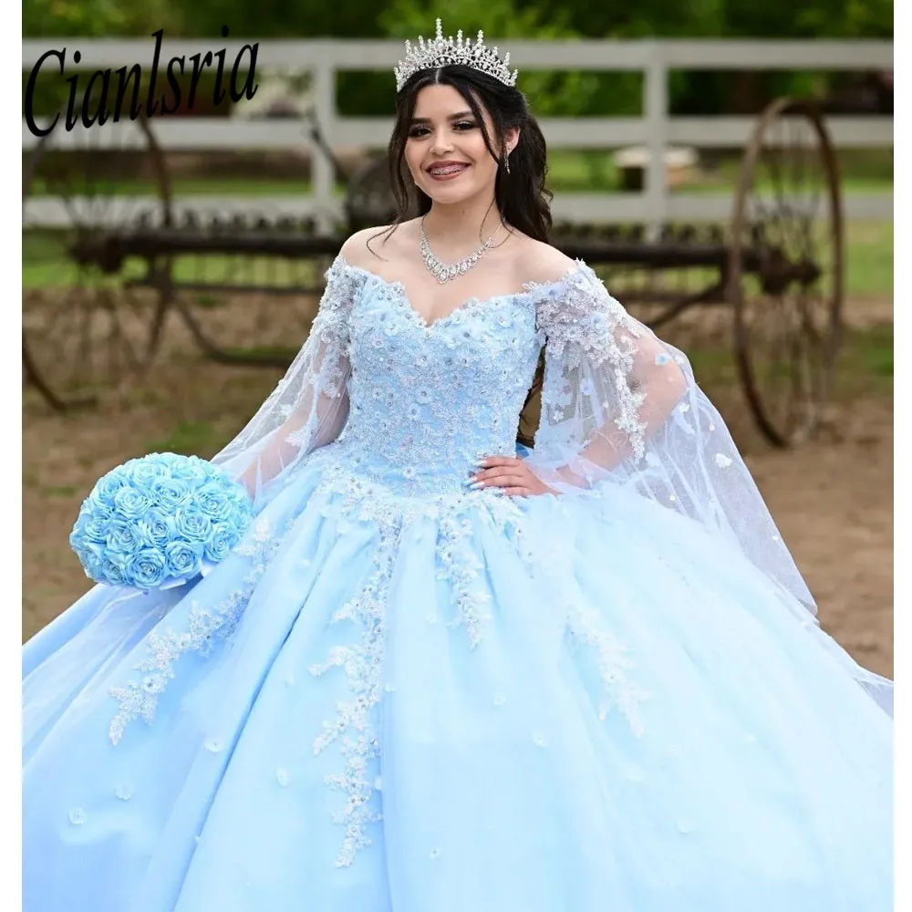 

Небесно-голубое мексиканское платье 15 лет Charro Quinceanera платья с пышными рукавами кружевной корсет с аппликацией милое платье 16