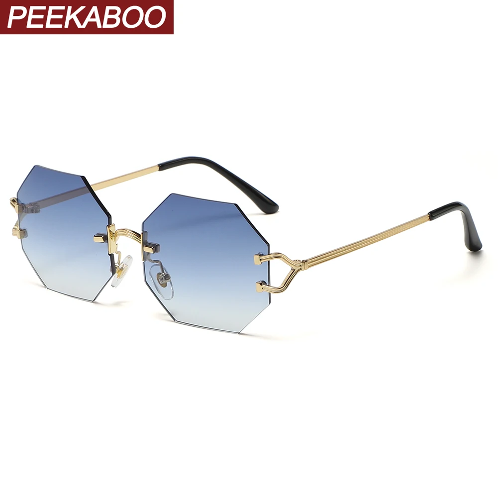 

Peekaboo octagonal rimless sunglasses for women big frame polygon fashion sun glasses for men uv400 metal gold blue brown