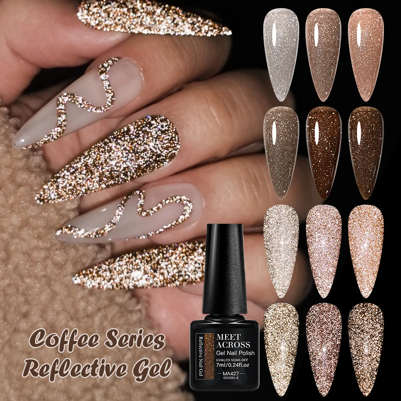MEET ACROSS 7ml Coffee Series Reflective Gel Nail Polish Winter Autumn Glitter Dark Flashy Effect Art Varnish Manicure
