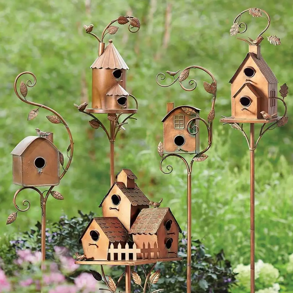 

Hot Garden Stake Birdhouse Attractive Bird Feeder Exquisite Garden Stakes Metal Art With Rod Birdhouse Feeder For Home Decor