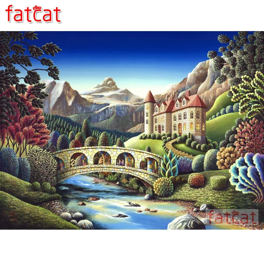 

FATCAT abstract mountain castle bridge mosaic painting 5d diy full square round drill diamond embroidery handcraft arts AE3475