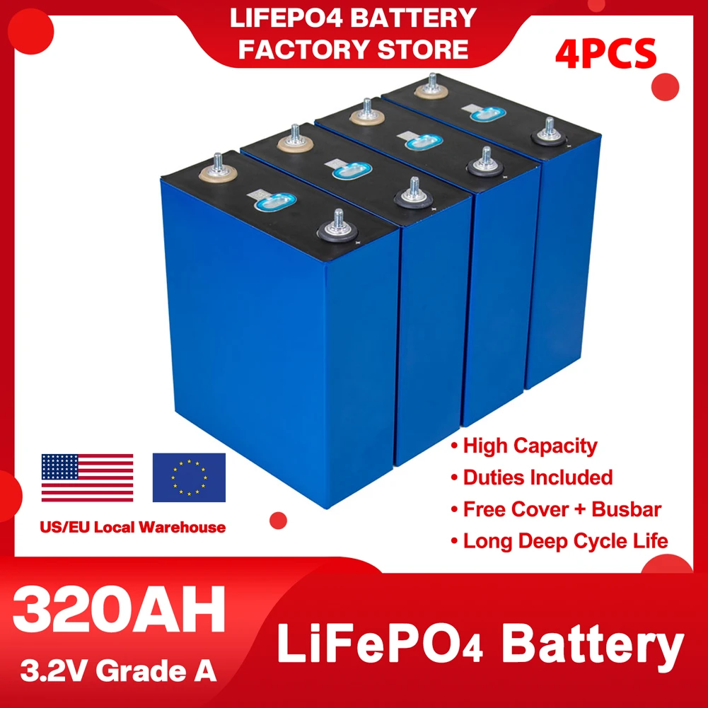 

320Ah Lifepo4 Battery Grade A 3.2V 302AH Lithium Iron Phosphate Battery Pack DIY Cell For 12V 24V RV EV Golf Carts Solar Energy