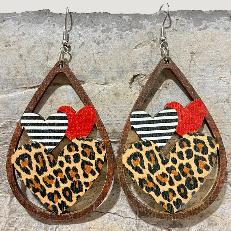 

Valentine's Day Plaid Cheetah Print Waterdrop Shaped Earrings Wooden Print Hollow Out Heart Texture Ear Accessories Love