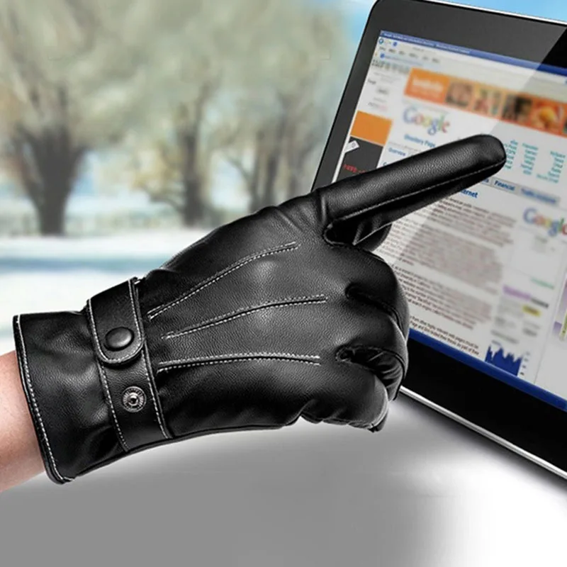 

Men PU Leather Gloves Genuine Sheepskin Black Autumn Winter Thermal Warm Touchscreen Windproof Driving Full Finger Male Business