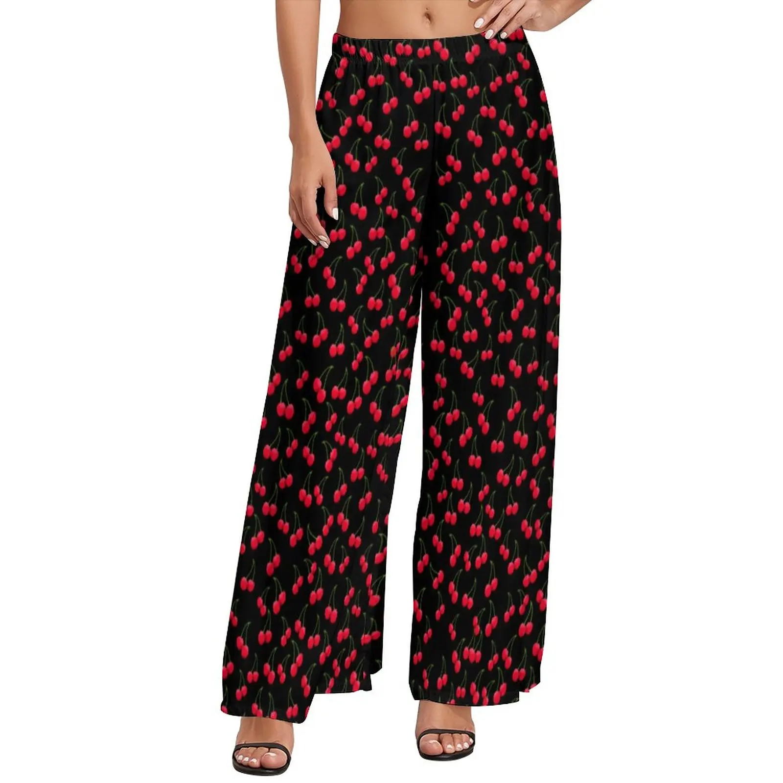 

Cherry Jubilee Pants Womens Red Fruit Print Streetwear Trousers Elastic Waist Office Wide Pants Birthday Present
