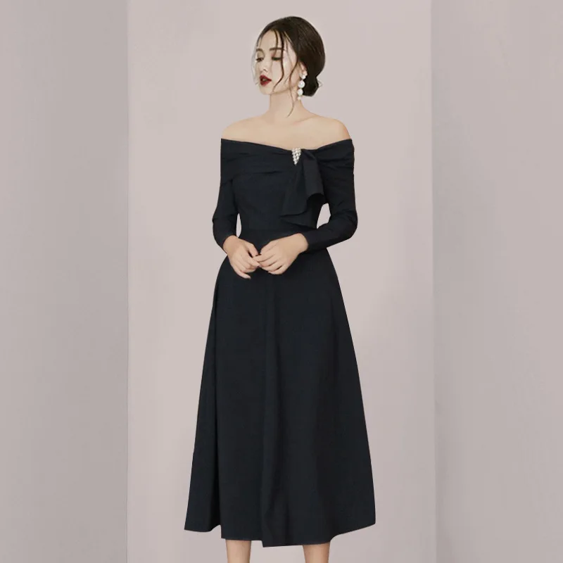 2022 Autumn Woman's New Off Shoulder Backless Pearl Irregular High Waist Slim Dress