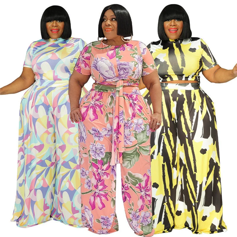 Plus Size 2 Piece Set Women Sets Fashion Short Sleeves Wide Leg Bandage Top Office Ladies Outfits Whol 3xl 4xl 5xl 6xl