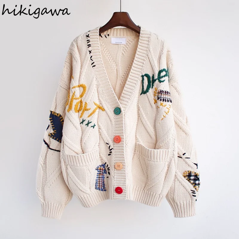 

Hikigawa Women Fashion Sweater Winter Clothes New V Neck Long Sleeve Letter Embroidery Design Knitting Caigidan Female Chic Coat