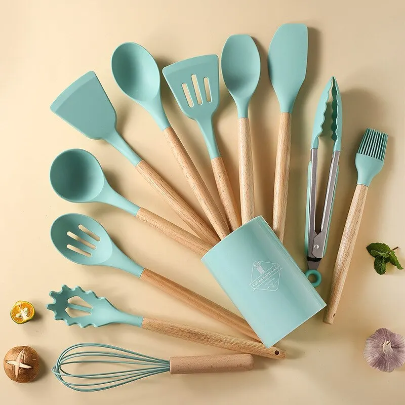 

Wooden Handle Silicone Kitchen Utensils with Storage Bucket, High Temperature Resistant, Non Stick Pot Spatula and Spoon, 12Pcs