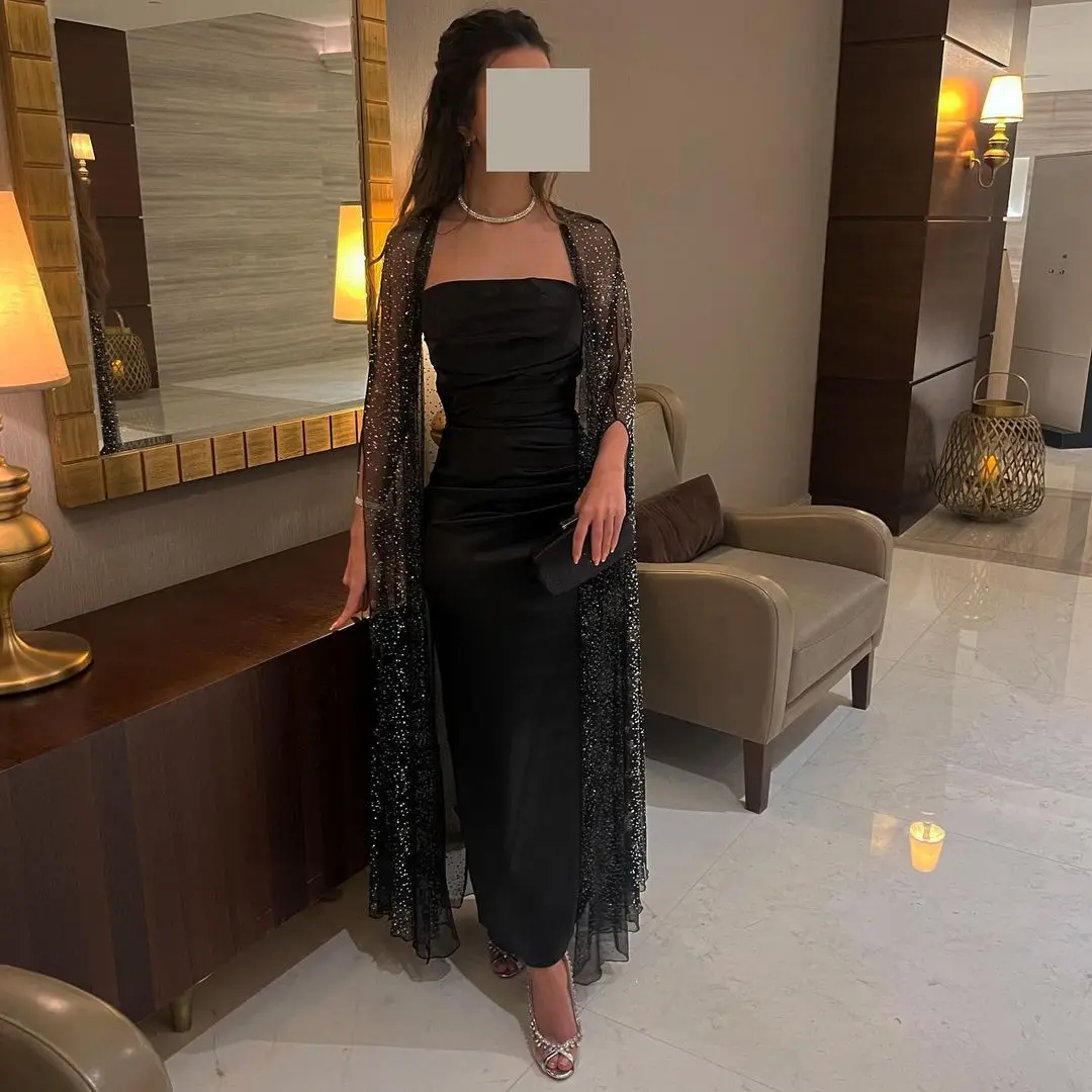 

Sayulita Black Prom Dresses with Long Wraps Women Wear Strapless Evening Party Dress Ruched Ankle Length Wedding Guest Gowns