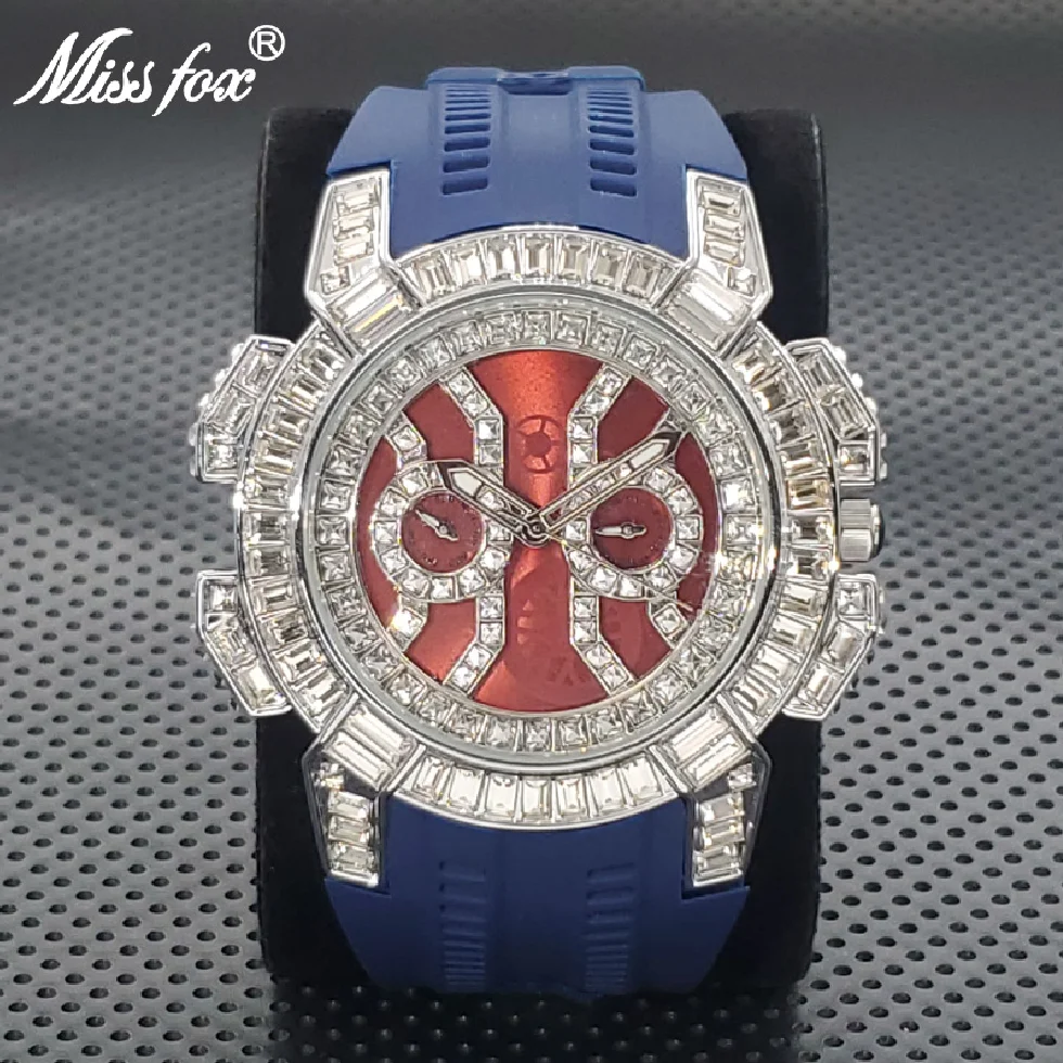 

Men 50MM Big Dial Watch Luxury Diamond Hip Hop Cool Quartz Clock Top Brand Sport Blue Rabber Strap Waterproof Relogio Masculino