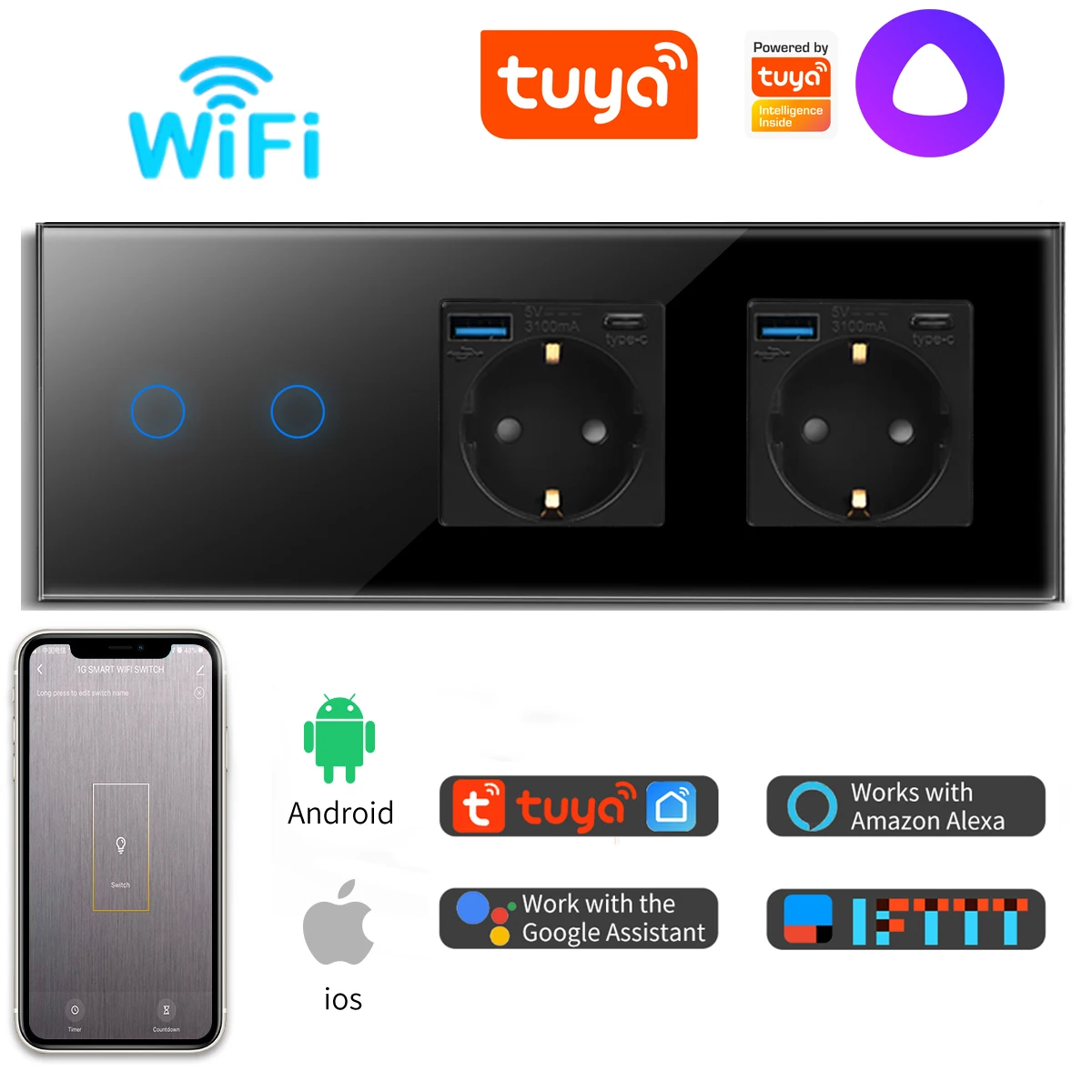 Умный сенсорный выключатель Bingoelec с розеткой USB Type-C