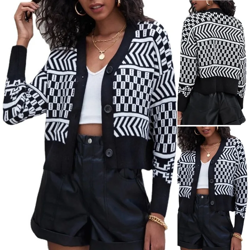 

Autumn 2022 New V-neck Short Cardigan Knitwear Geometric Coat Sweater Women