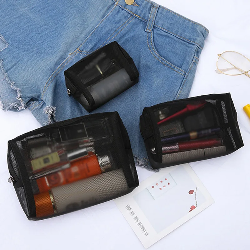 

Black Mesh Makeup Bag Portable Transparent Mini Women Toiletry Bag Organizer Case Different Sizes Cosmetic Pouch Travel Storage