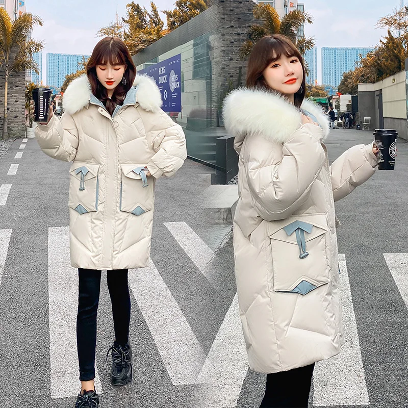 Winter Long Fox Fur Collar Puffer Jacket for Women Korean Fashion Trend Teenage Clothing Office Ladies Warm Coat Chic Streetwear