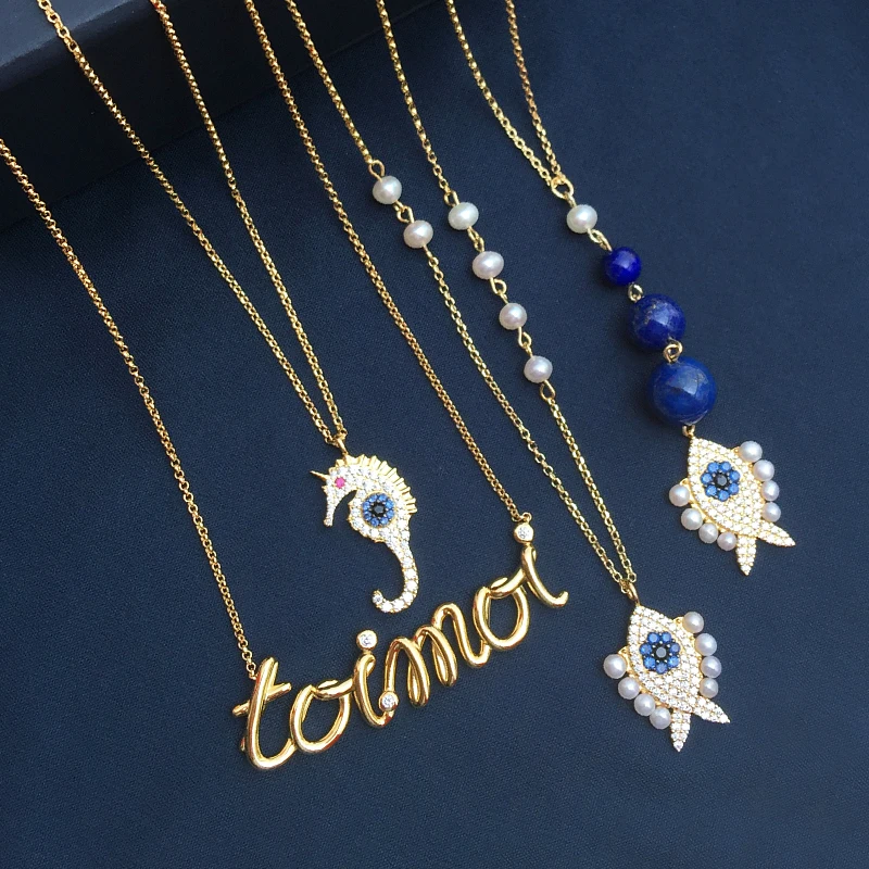 

Amoo Letter Word Seahorse Pearl Fish Sapphire Pendant S925 Sterling Silver Necklace Women Beautiful Unique Marine Animal Jewelry