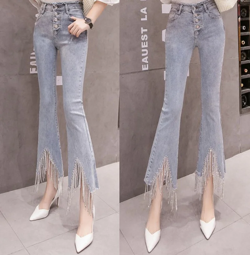 

2021 Spring Summer New Flare Jeans Woman Tassel Denim Trousers Vintage Women Fall High Waist Pants Stretchy Jeans Korean Fashion