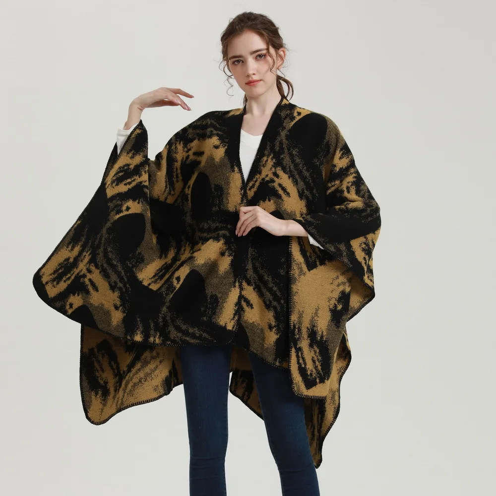 

130*150Cm Whirlwind Print Slit Shawl Women Luxury Cashmere Cape Cloak Winter Loose Warm Cardigan with Large Hem Wholesale