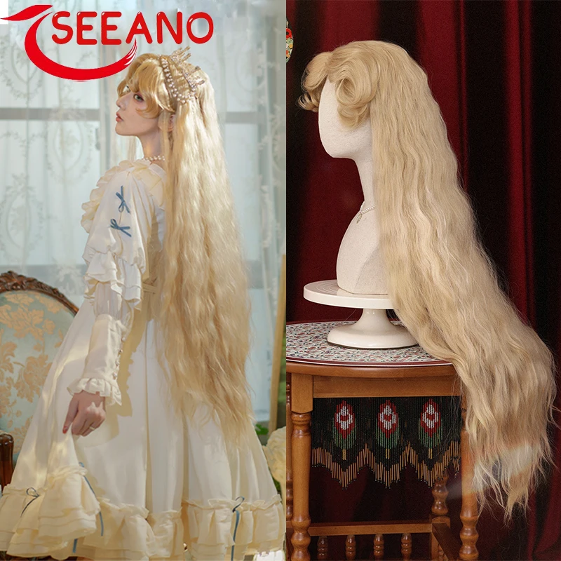 

SEEANO 100cm Synthetic Long Curly Cosplay Wig With Bangs Red Blonde Light Blonde Lolita Wig Women Halloween Cosplay Wigs Female