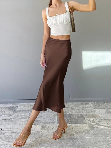 Sumuyoo Solid Purple Satin Silk Skirt Women High Waisted Summer Long Skirt New 2020 Elegant Ladies Office Skirts Midi Spring