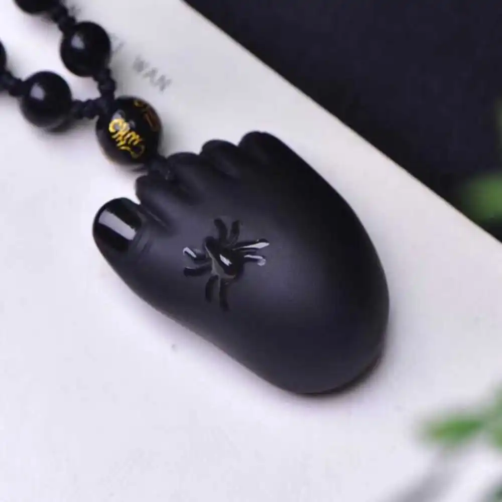 

Natural Obsidian Carved Foot Lucky Amulet Pendant Tibetan Reiki Gift Chakra Crystal Silver Jewellery Cross Pendants Women Chain