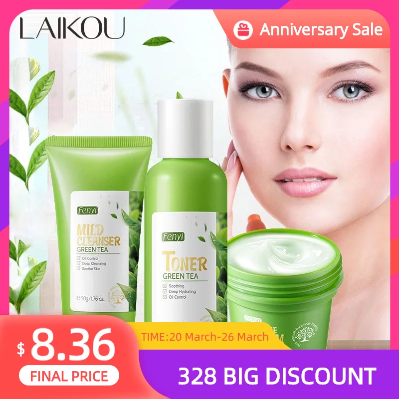 

FENYI 3pcs Face Skin Care Set Green Tea Essence Oil Control Gentle Cleanser Moisturizing Face Toner Face Ceam Women Beauty Kit