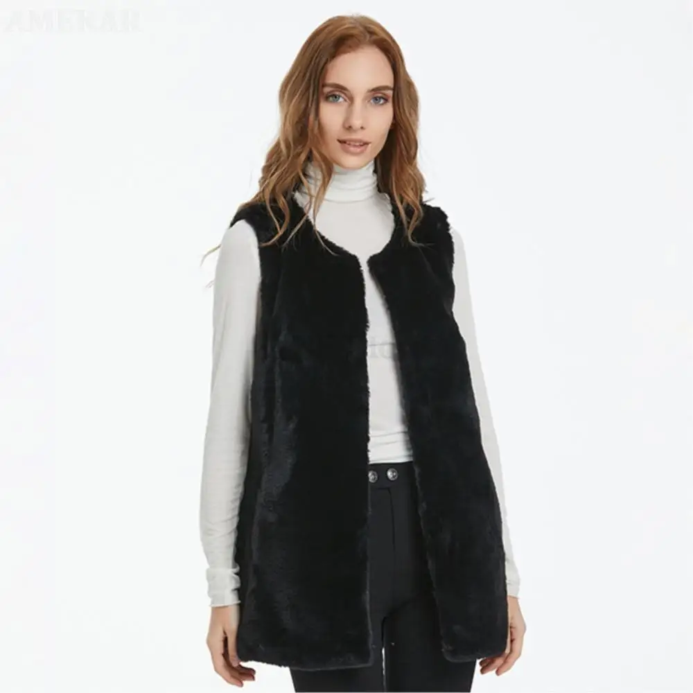 Women Winter Real Fur Cardigan Vest Sleeveless Long Pure Color Single Breasted Coat Leisure Fashion Soft Fur Coat Women