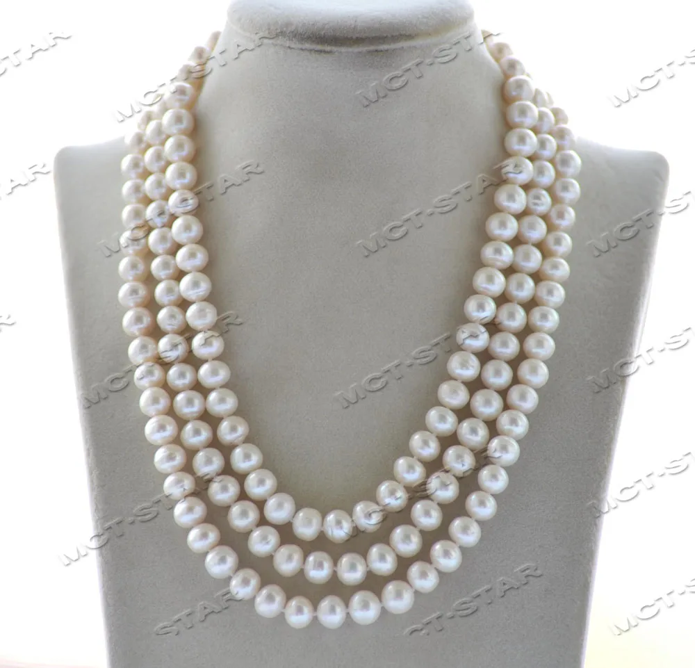 

MCT·STAR Z12323 3Row 19'' 10mm Round White Round Freshwater Pearl Necklace CZ