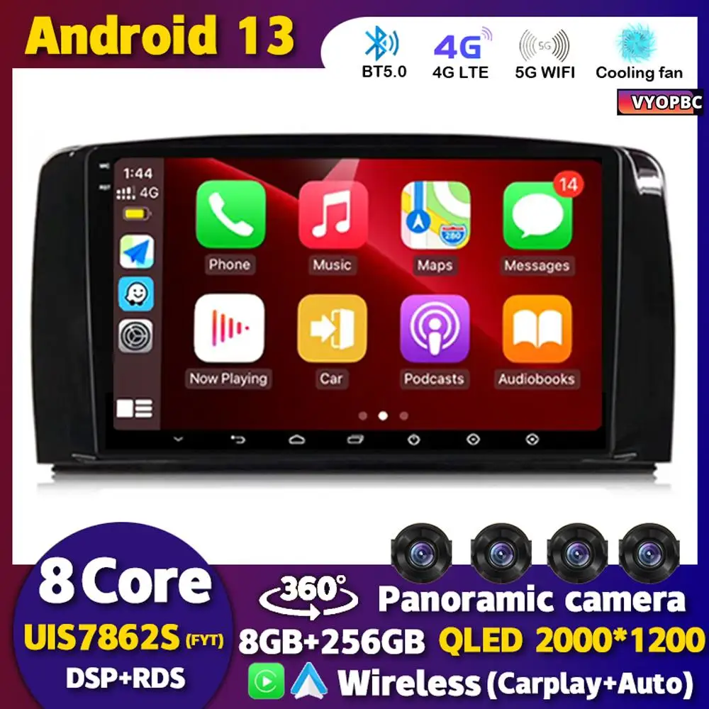 

Автомобильная Мультимедийная система Carplay, Android 13, для Mercedes Benz R-Class R Class W251, R280, R300, R320, 2005-2017, с GPS