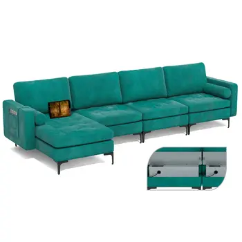 Costway Modular L-shaped Sectional Sofa w/ Reversible Chaise & 4 USB Ports Peacock Blue
