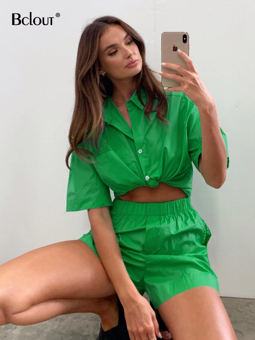 

Женские хлопковые костюмы Bclout, зеленые повседневные рубашки с коротким рукавом и карманами, летние шорты с эластичным поясом и широкими шта...