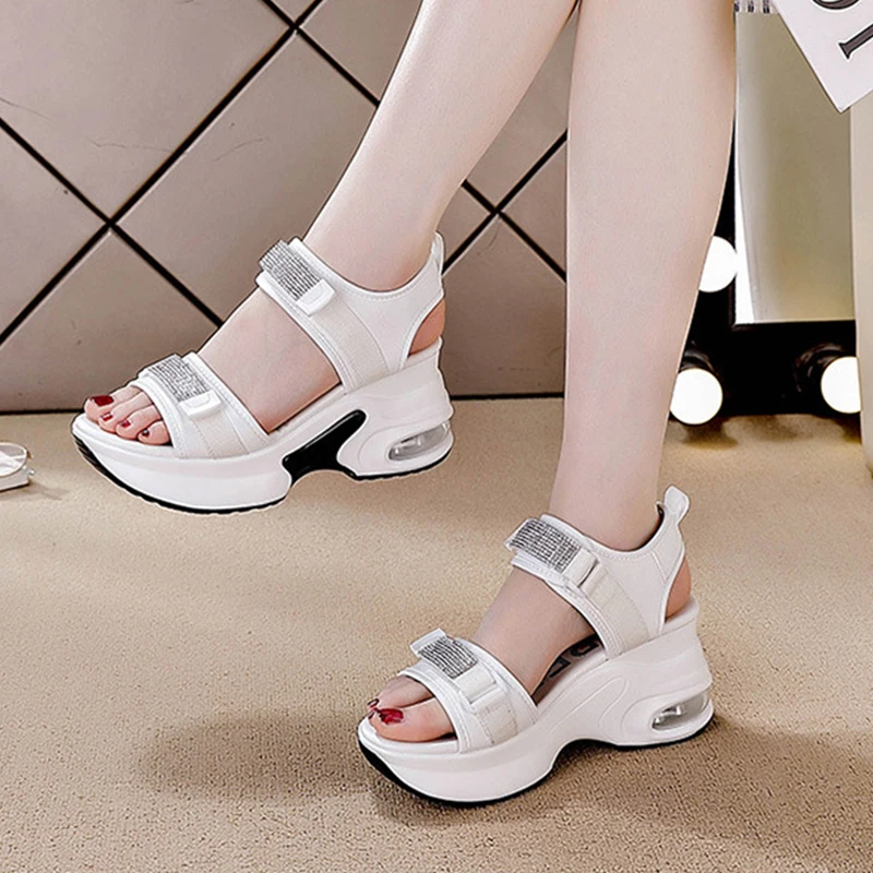 Rhinestone 8cm 2023 New Genuine Leather Sandals Women Elevator Shoes Comfy Fashion Summer Platform Wedge Ladies Hook&Loop Shoes