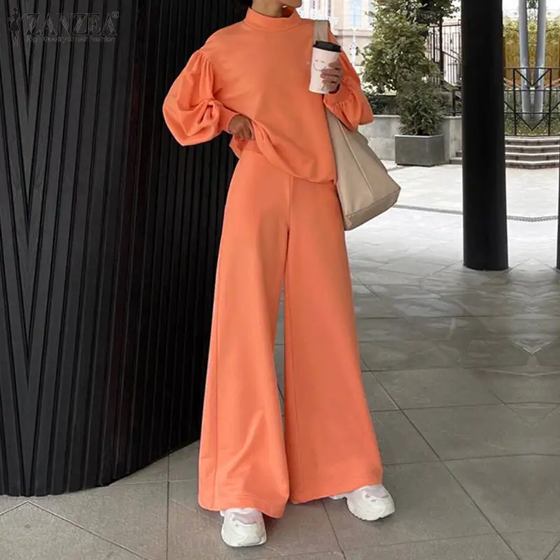 

Women Casual Work 2PCS 2022 Spring Fashion Solid Matching Sets Long Lantern Sleeve Top Elastic Waist Trouser Office OL Pant Sets