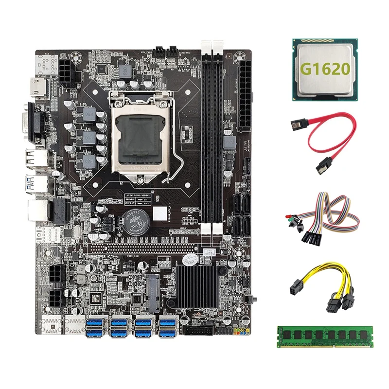 

B75 BTC Miner Motherboard 8XUSB+G1620 CPU+DDR3 4G 1600Mhz RAM+SATA Cable+6Pin To Dual 8Pin Cable+Switch Cable With Light