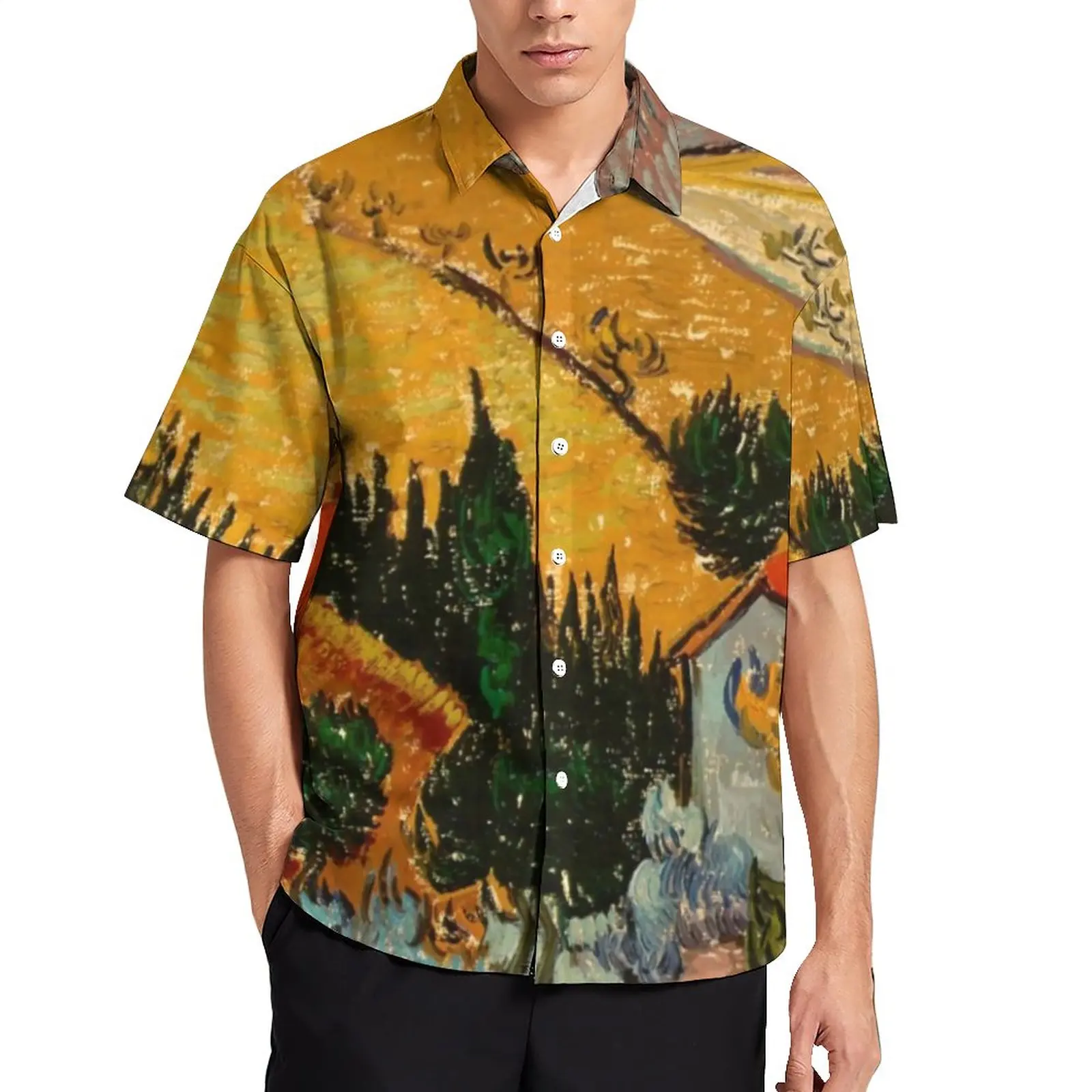 

Рубашка для отпуска с Винсентом Ван Гогом, мужские повседневные рубашки с изображением пейзажа дома, Гавайские дизайнерские крутые блузки большого размера с коротким рукавом, подарок