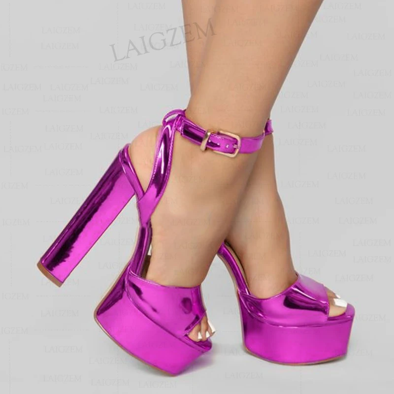 

LAIGZEM Women Sandals Peep Toe Platform Shiny Metallic Colors Block Heels Pumps Spring Summer Shoes Woman Big Size 39 43 45 52