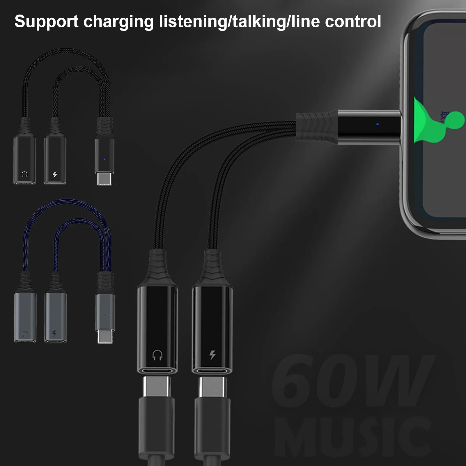 

Адаптер для наушников 2-в-1 с USB C, нейлоновый кабель с гнездом для зарядки, с поддержкой быстрой зарядки
