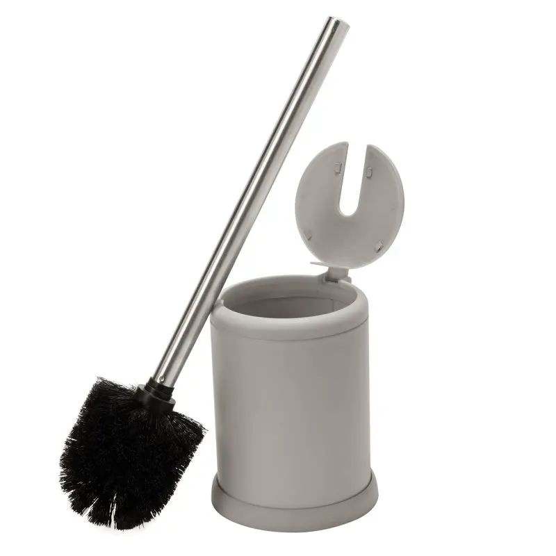 

Stylish Gray Lid Toilet Brush and Holder - Complete Bathroom Solution for Faster Cleaning and Sanitizing.