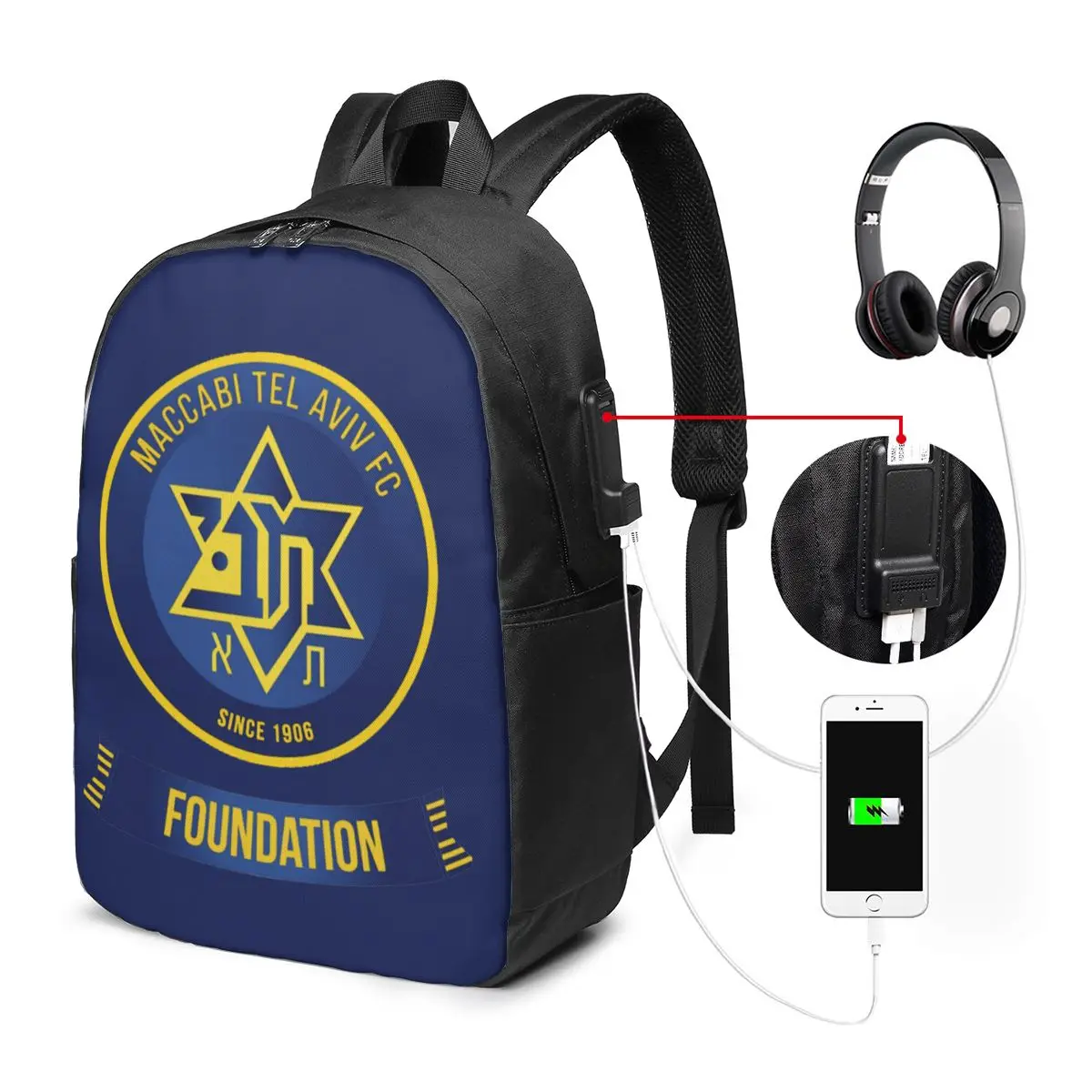 Рюкзак Maccabi-Tel-AvivTravel для ноутбука, вместительная школьная сумка для хранения, уличная спортивная удобная сумка с USB-разъемом для мужчин, женщ...