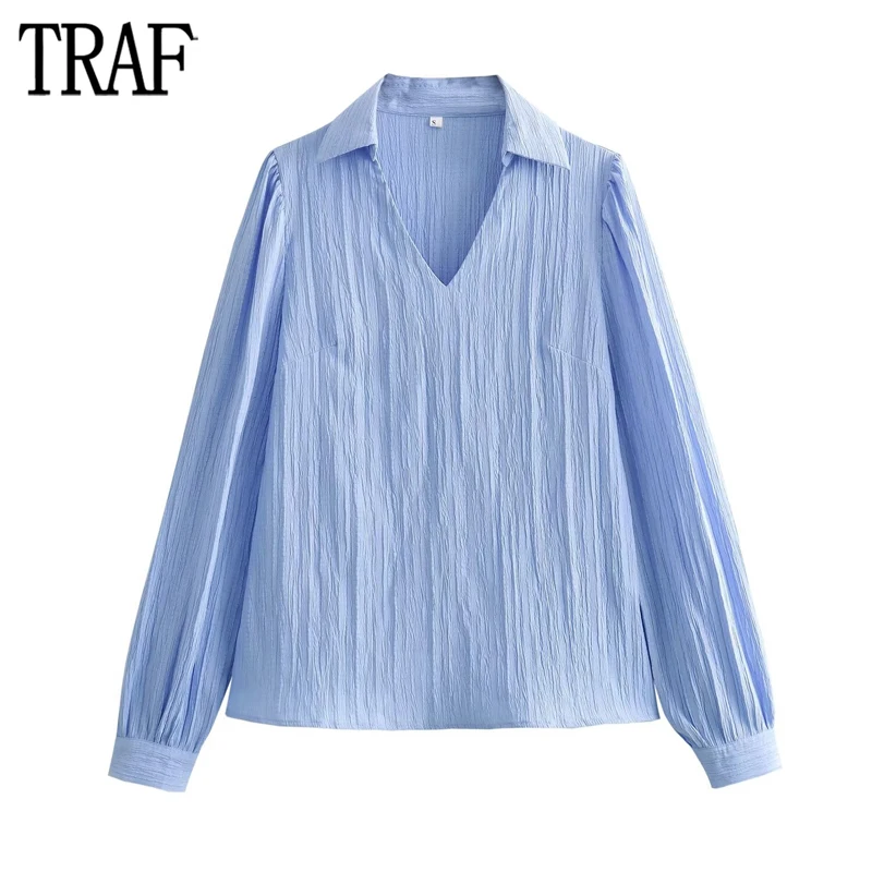 

TRAF 2024 Blue Pleated Blouse Female Long Sleeve Shirts and Blouses for Women Streetwear Casual Women's Shirt