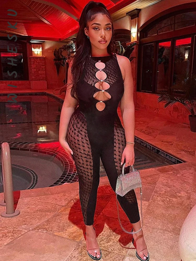 Sexy Mesh See Through Cut Out Jumpsuits Women Sleeveless Patchwork Black Goth Pencil Pants One Piece Rompers 2022 Summer