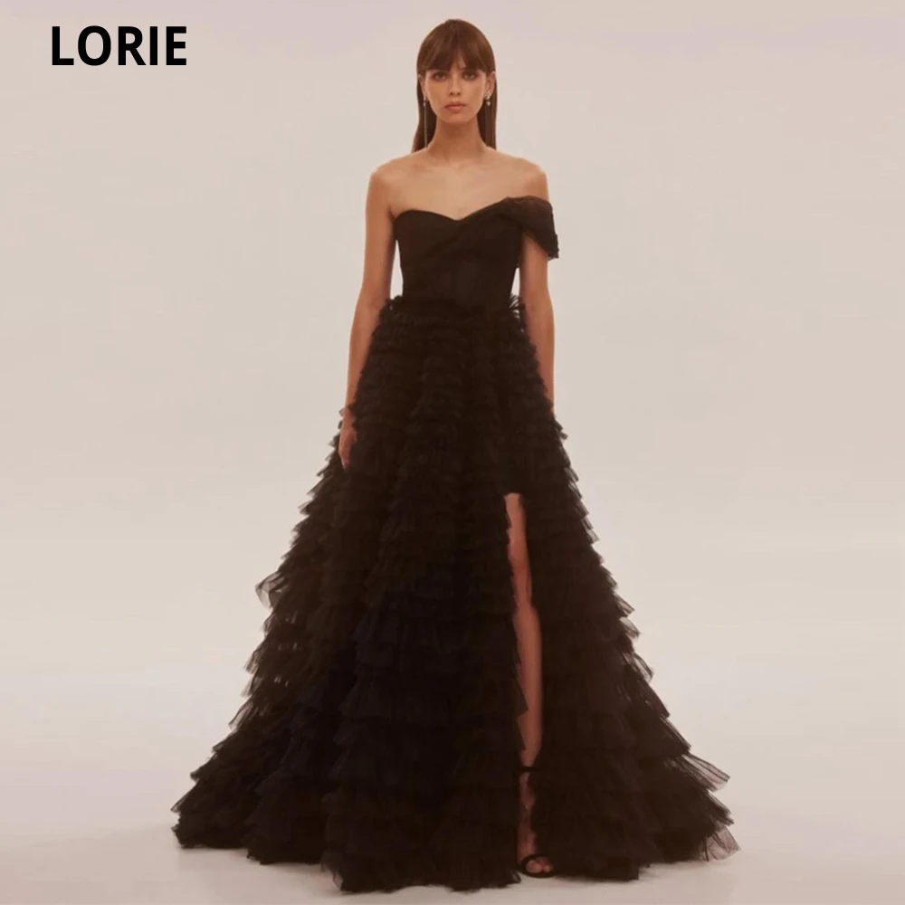

LORIE A-line Black Tulle Prom Dresses Sweetheart Tiered Tulle Corst Vestidos De Gala Dance Long Party Gowns Robes De Soirée