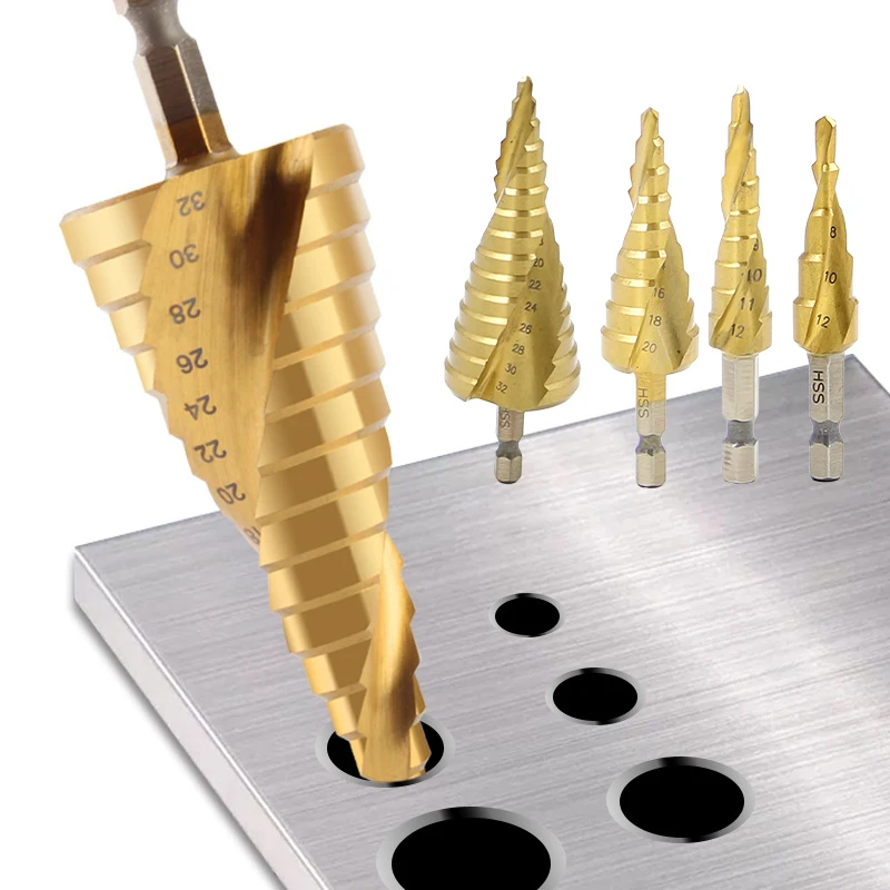 

4-12MM 4-20MM 4-32MM Hex Spiral Step Drill Bit Set HSS Titanium Coated Metal Wood Hole Cutters Power Tools Woodworking