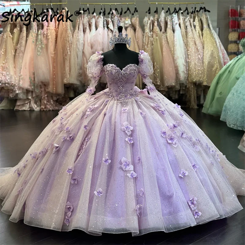 

2023 Purple Flowers Quinceanera Dresses Bow Two Sleeves Appliques Crystal Sweet 15th Prom Party Gowns Luxury Vestidos