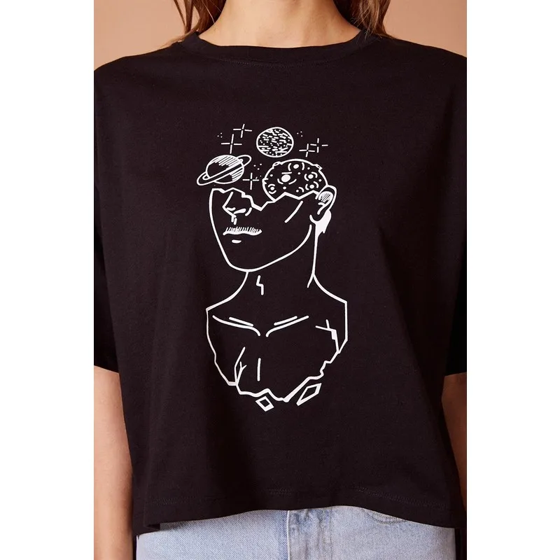 

Black Print Detailed Crop T-Shirt T Shirt Y2K Top Nostalgic Summer Women T-Shirt Anime Bluz